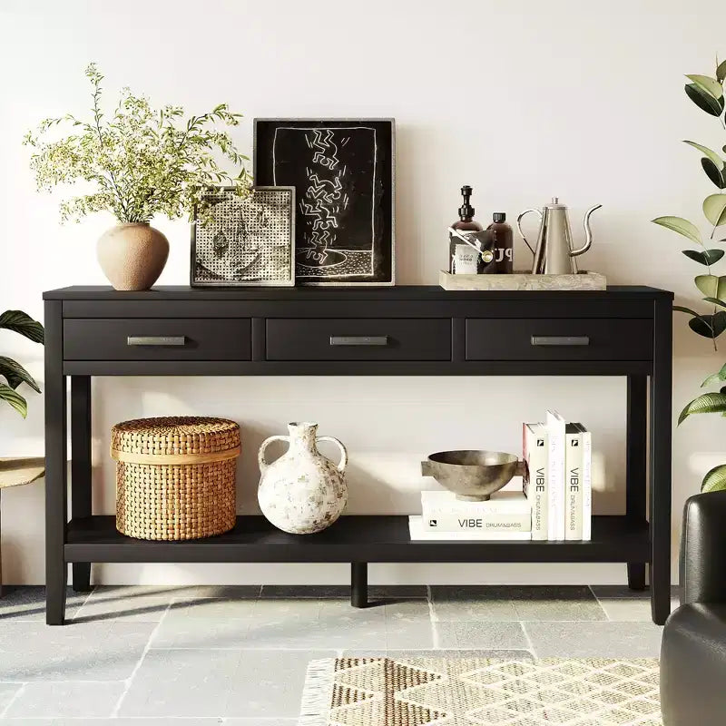 GDFStudio Larry 59 Farmhouse Console Table with Drawers and Bottom Shelf