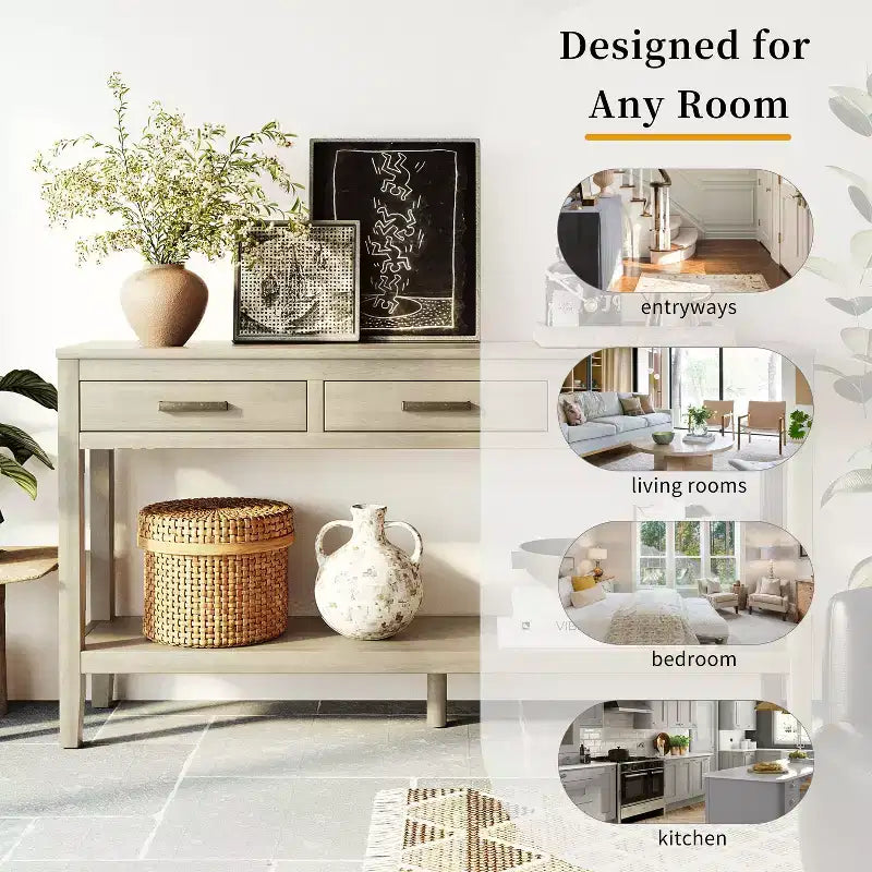 GDFStudio Larry 59 Farmhouse Console Table with Drawers and Bottom Shelf