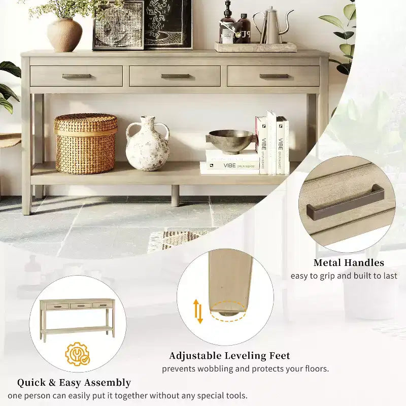GDFStudio Larry 59 Farmhouse Console Table with Drawers and Bottom Shelf