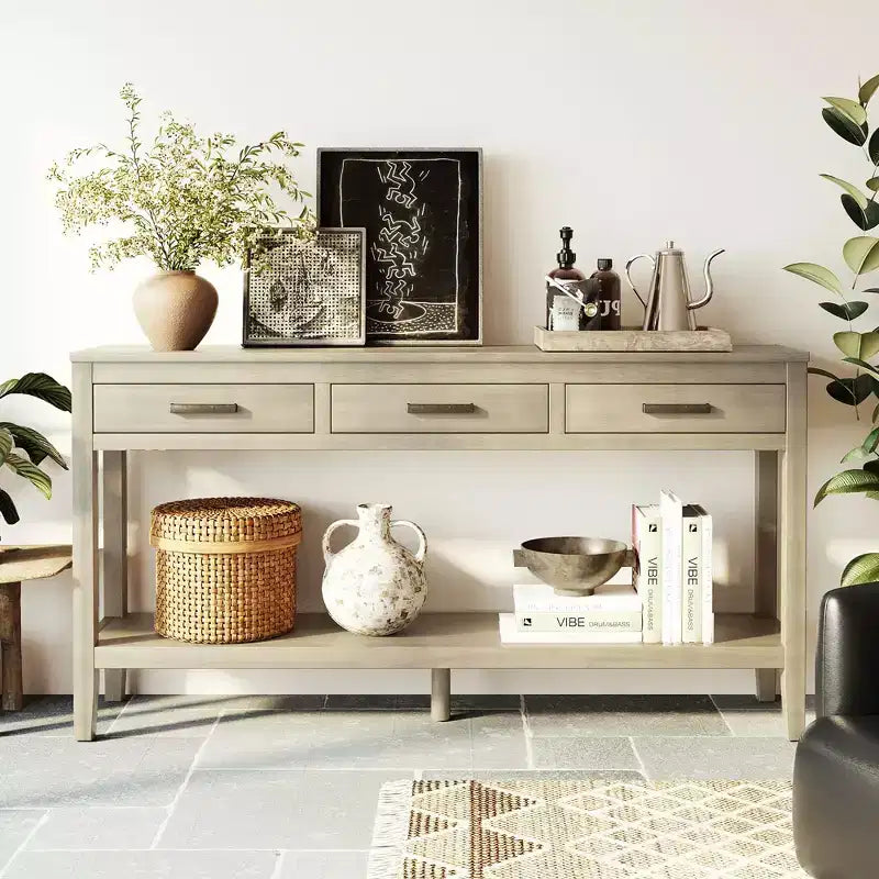 GDFStudio Larry 59 Farmhouse Console Table with Drawers and Bottom Shelf