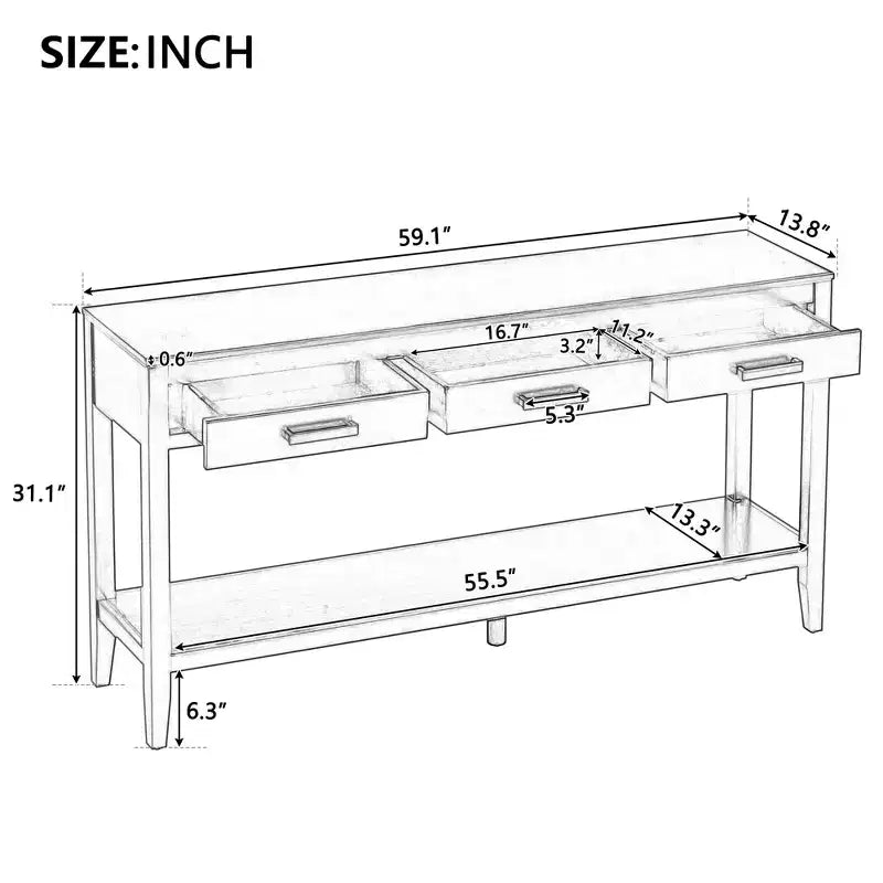 GDFStudio Larry 59 Farmhouse Console Table with Drawers and Bottom Shelf