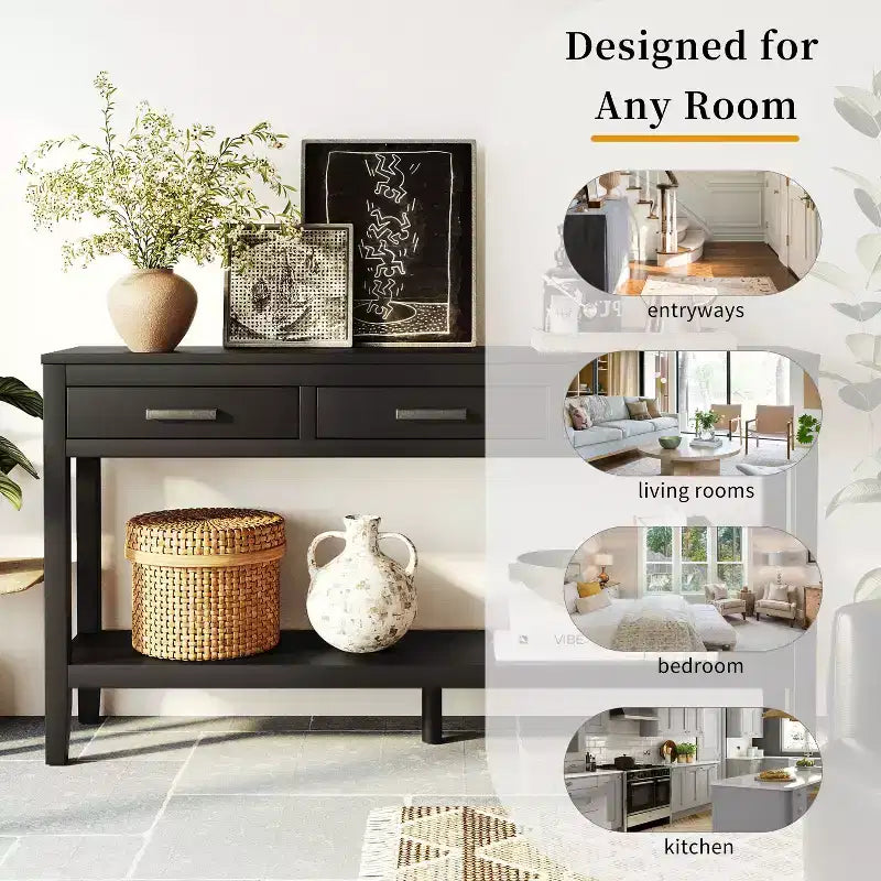 GDFStudio Larry 59 Farmhouse Console Table with Drawers and Bottom Shelf