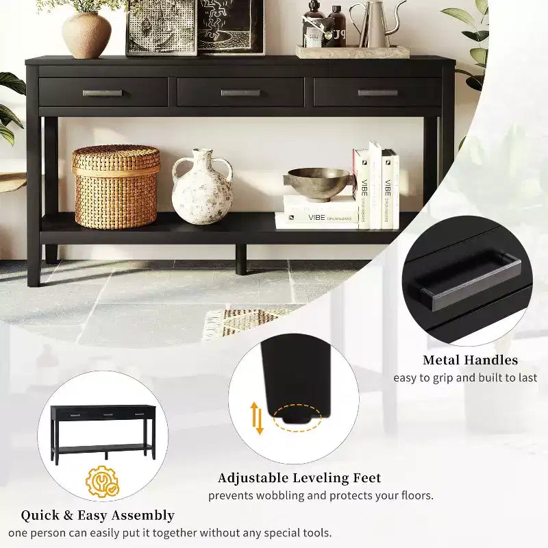 GDFStudio Larry 59 Farmhouse Console Table with Drawers and Bottom Shelf