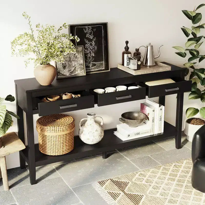 GDFStudio Larry 59 Farmhouse Console Table with Drawers and Bottom Shelf