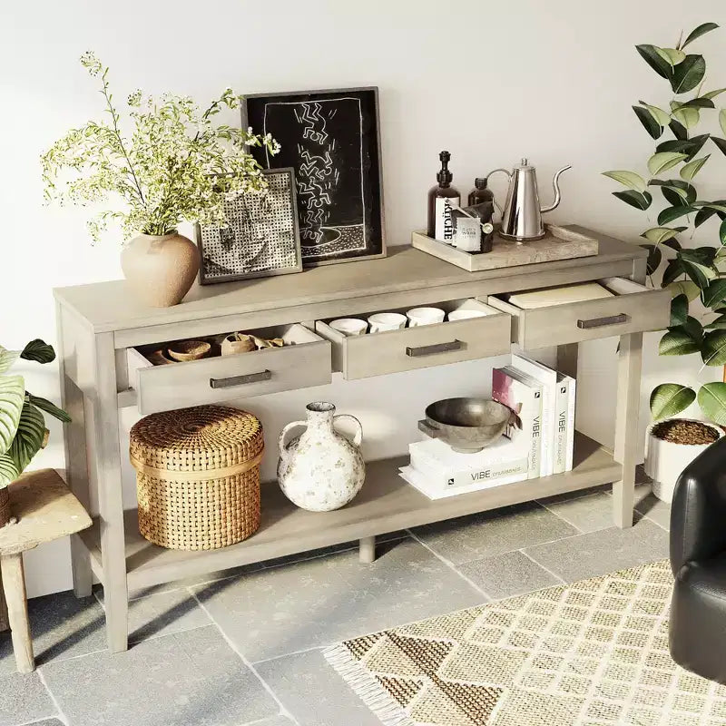 GDFStudio Larry 59 Farmhouse Console Table with Drawers and Bottom Shelf