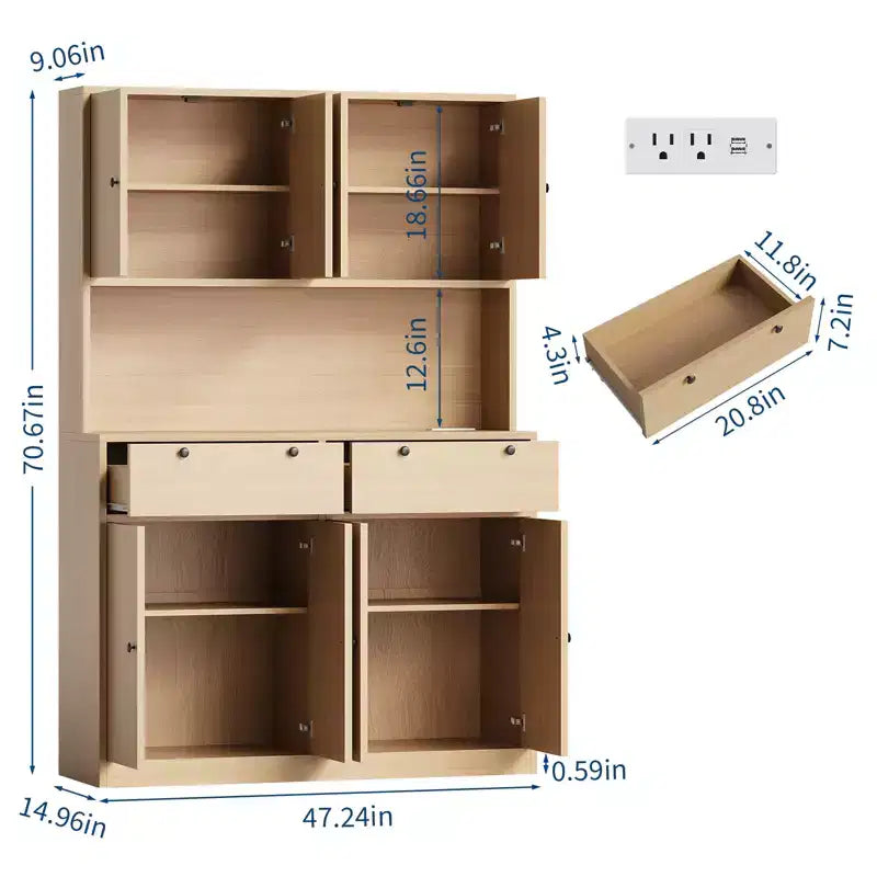 71H Modern Tall Kitchen Pantry Cabinet with Charging Station - White Finish, Drawers, Doors, Shelves & Countertop - Dining Room Food Storage Hutch