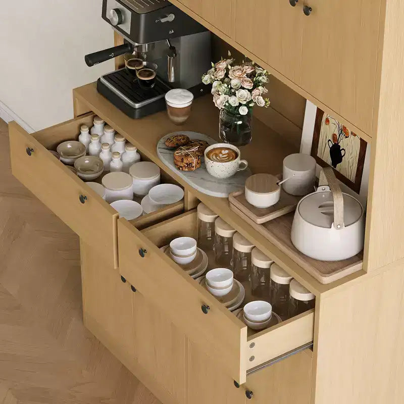 71H Modern Tall Kitchen Pantry Cabinet with Charging Station - White Finish, Drawers, Doors, Shelves & Countertop - Dining Room Food Storage Hutch