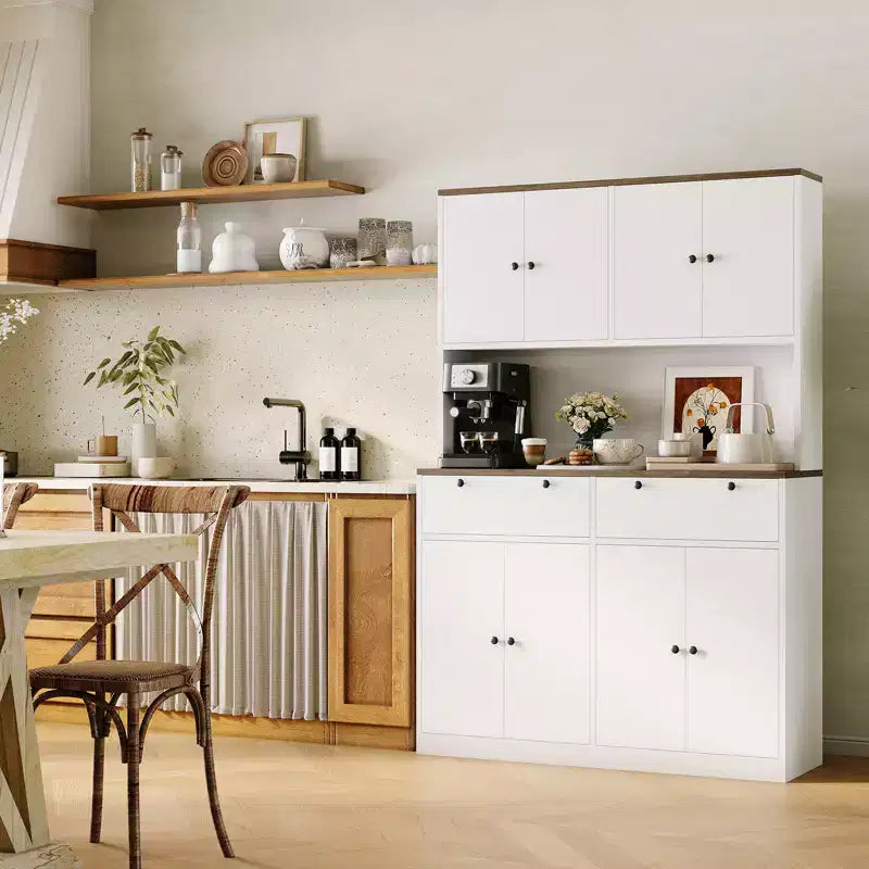 71H Modern Tall Kitchen Pantry Cabinet with Charging Station - White Finish, Drawers, Doors, Shelves & Countertop - Dining Room Food Storage Hutch