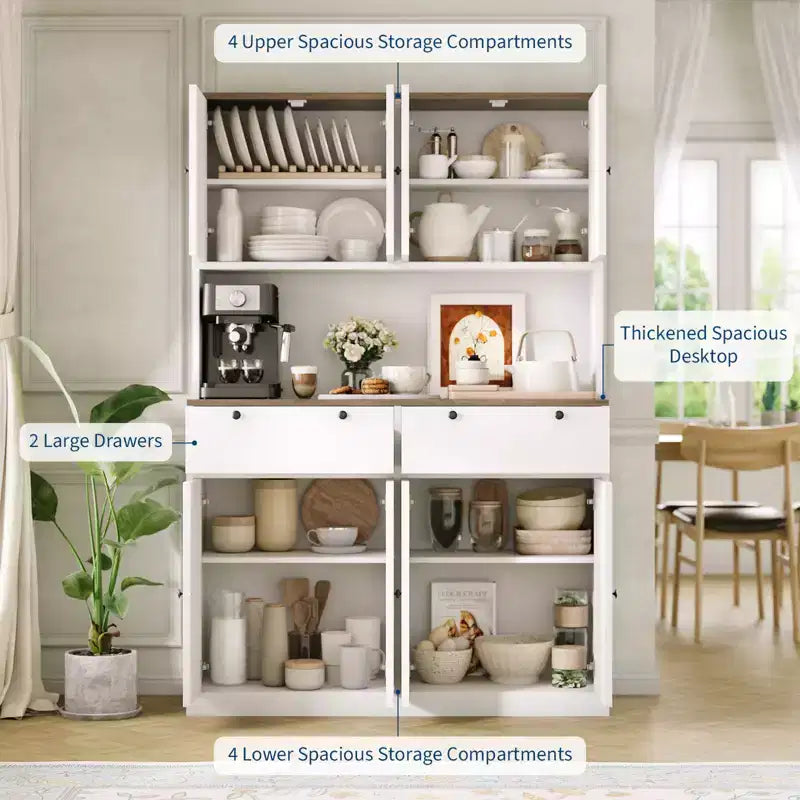 71H Modern Tall Kitchen Pantry Cabinet with Charging Station - White Finish, Drawers, Doors, Shelves & Countertop - Dining Room Food Storage Hutch