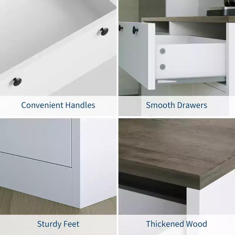 71H Modern Tall Kitchen Pantry Cabinet with Charging Station - White Finish, Drawers, Doors, Shelves & Countertop - Dining Room Food Storage Hutch