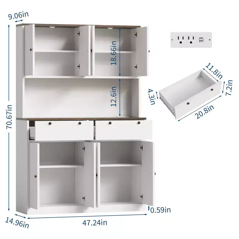 71H Modern Tall Kitchen Pantry Cabinet with Charging Station - White Finish, Drawers, Doors, Shelves & Countertop - Dining Room Food Storage Hutch