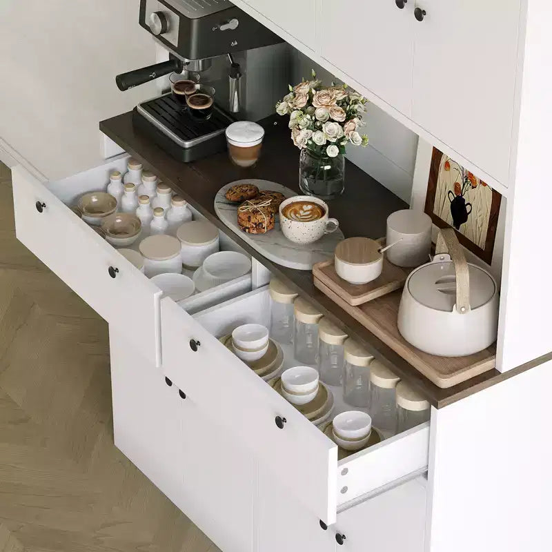 71H Modern Tall Kitchen Pantry Cabinet with Charging Station - White Finish, Drawers, Doors, Shelves & Countertop - Dining Room Food Storage Hutch