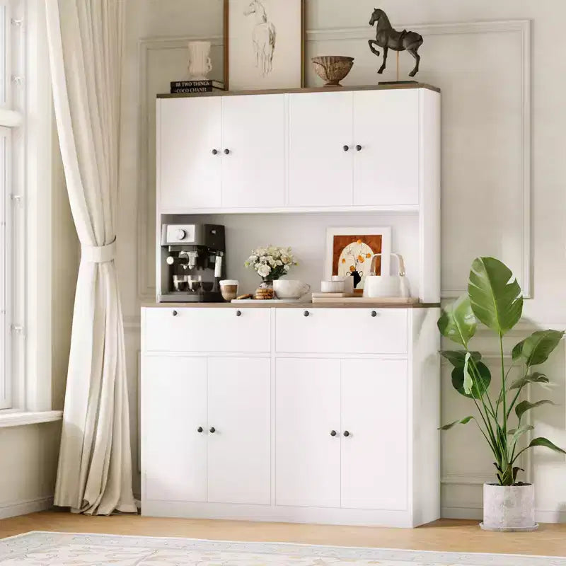 71H Modern Tall Kitchen Pantry Cabinet with Charging Station - White Finish, Drawers, Doors, Shelves & Countertop - Dining Room Food Storage Hutch