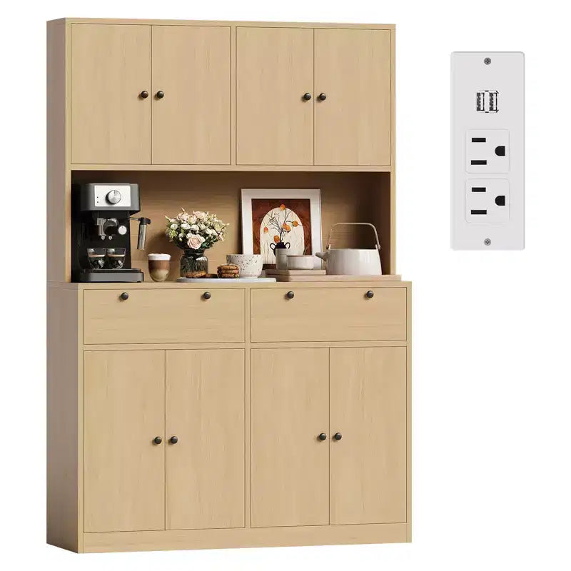 71H Modern Tall Kitchen Pantry Cabinet with Charging Station - White Finish, Drawers, Doors, Shelves & Countertop - Dining Room Food Storage Hutch