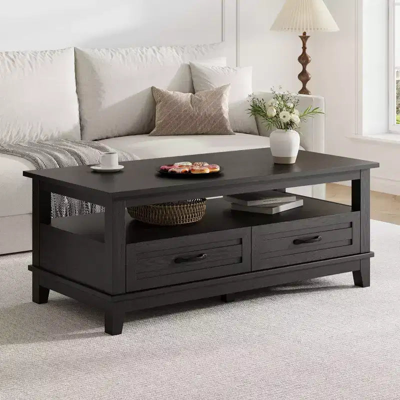 COZONY 47 Farmhouse Coffee Table with 2 Drawers & Open Shelf, Rustic Wood Rectangle Center Table for Living Room