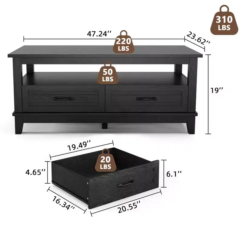 COZONY 47 Farmhouse Coffee Table with 2 Drawers & Open Shelf, Rustic Wood Rectangle Center Table for Living Room