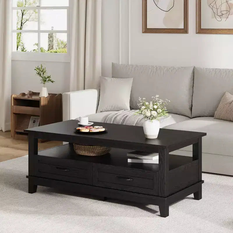 COZONY 47 Farmhouse Coffee Table with 2 Drawers & Open Shelf, Rustic Wood Rectangle Center Table for Living Room