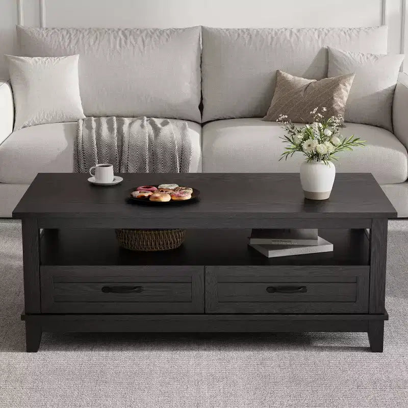 COZONY 47 Farmhouse Coffee Table with 2 Drawers & Open Shelf, Rustic Wood Rectangle Center Table for Living Room