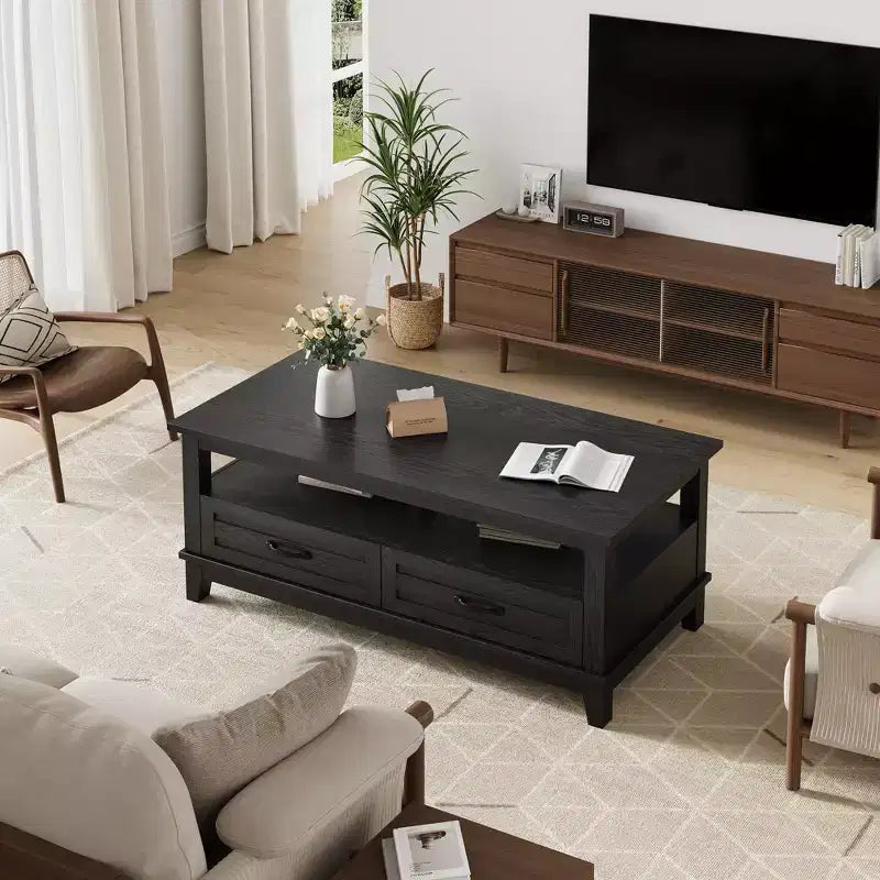 COZONY 47 Farmhouse Coffee Table with 2 Drawers & Open Shelf, Rustic Wood Rectangle Center Table for Living Room