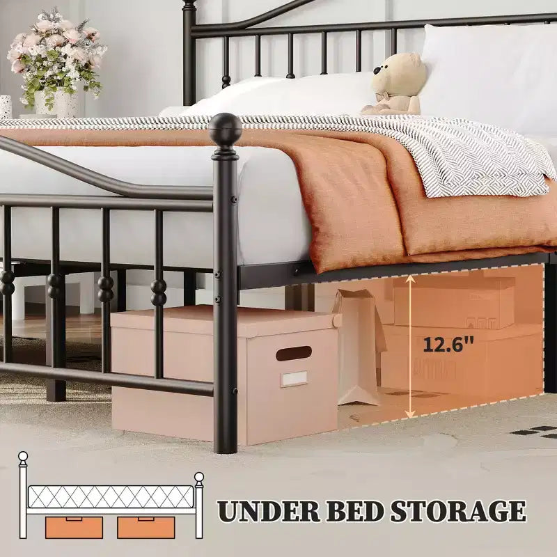 Metal Platform Bed Frame Queen Vintage Circular Headboard & Footboard, 12.6 Underbed Storage, Heavy Duty Black