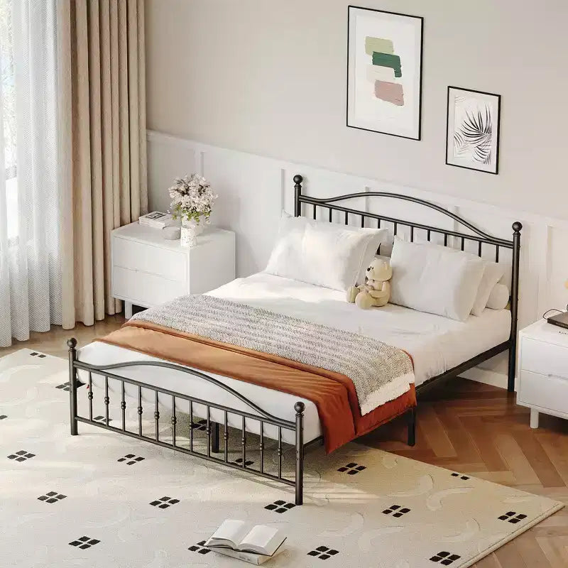 Metal Platform Bed Frame Queen Vintage Circular Headboard & Footboard, 12.6 Underbed Storage, Heavy Duty Black