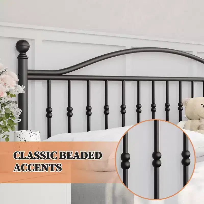 Metal Platform Bed Frame Queen Vintage Circular Headboard & Footboard, 12.6 Underbed Storage, Heavy Duty Black