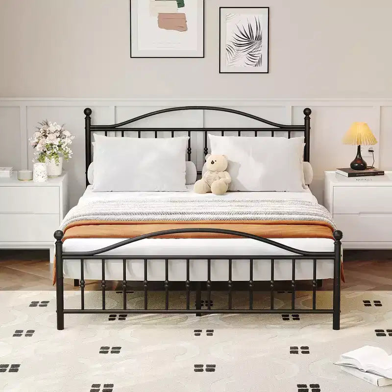 Metal Platform Bed Frame Queen Vintage Circular Headboard & Footboard, 12.6 Underbed Storage, Heavy Duty Black