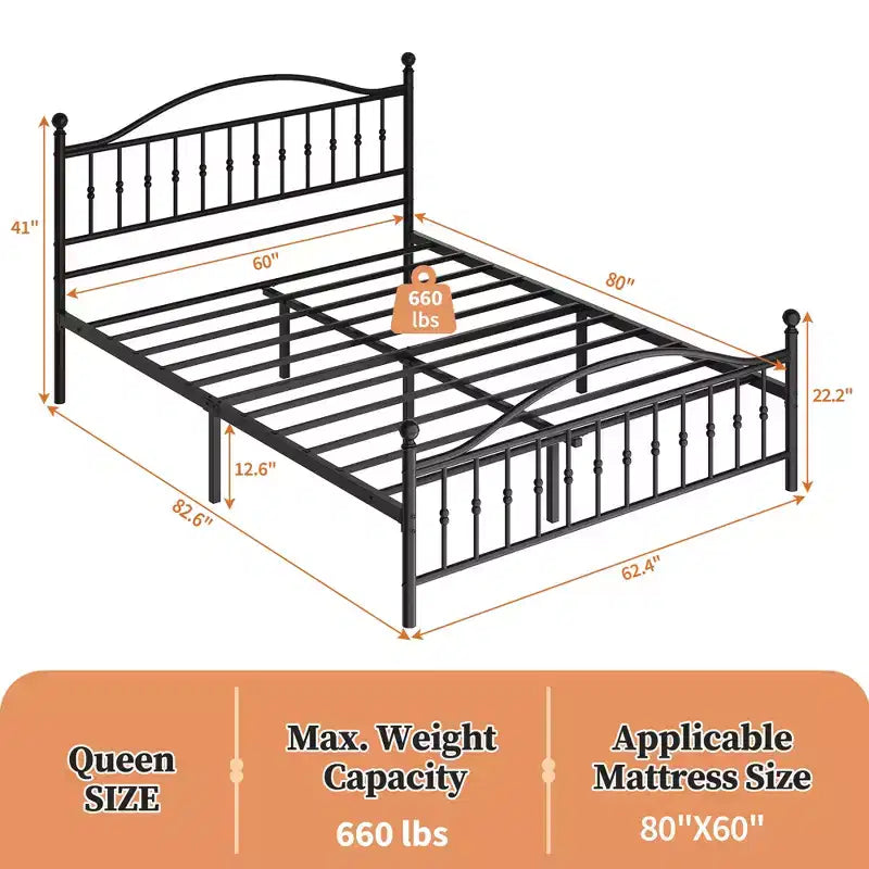 Metal Platform Bed Frame Queen Vintage Circular Headboard & Footboard, 12.6 Underbed Storage, Heavy Duty Black