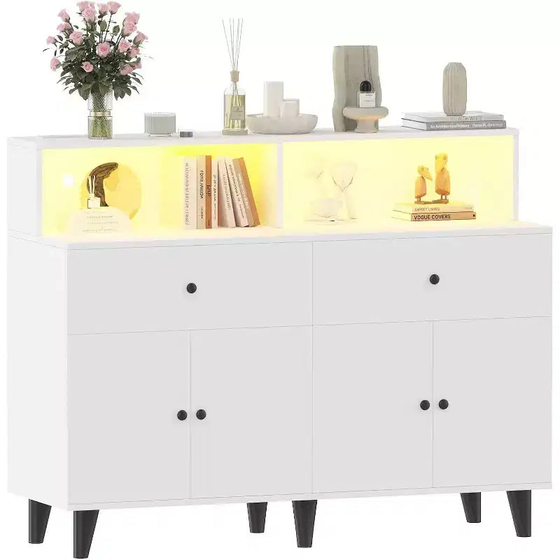 51 in Storage Cabinet, Wood Coffee Bar Station Table with Drawers and Adjustable Shelves, Freestanding Pantry Cabinet Cupboard Hutch