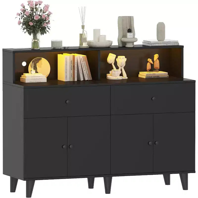 51 in Storage Cabinet, Wood Coffee Bar Station Table with Drawers and Adjustable Shelves, Freestanding Pantry Cabinet Cupboard Hutch