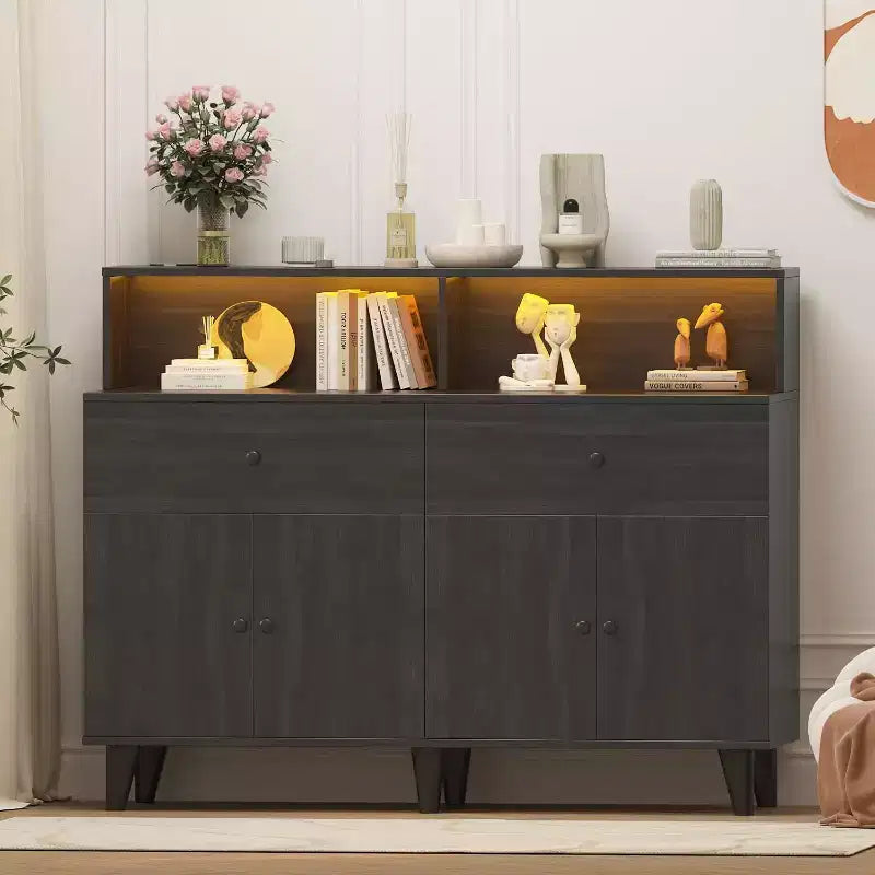 51 in Storage Cabinet, Wood Coffee Bar Station Table with Drawers and Adjustable Shelves, Freestanding Pantry Cabinet Cupboard Hutch