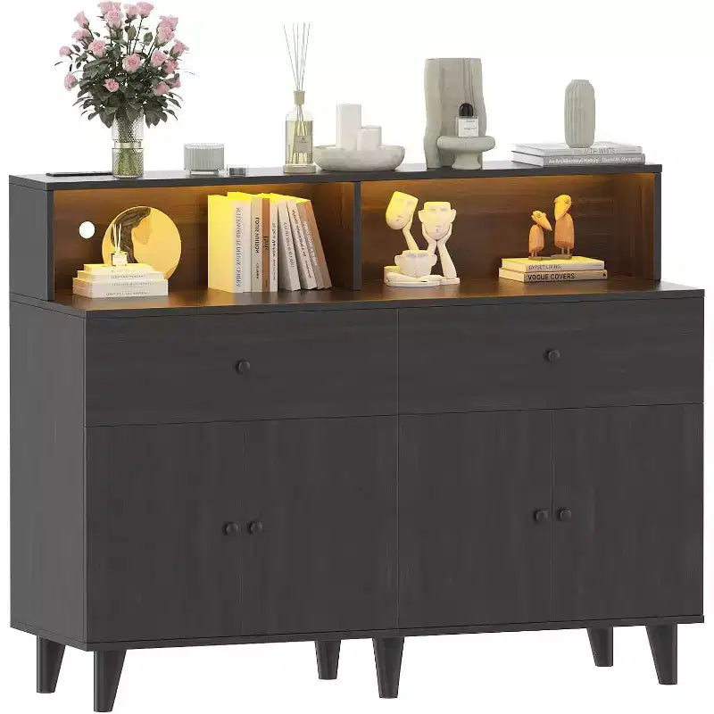 51 in Storage Cabinet, Wood Coffee Bar Station Table with Drawers and Adjustable Shelves, Freestanding Pantry Cabinet Cupboard Hutch
