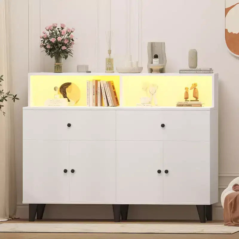 51 in Storage Cabinet, Wood Coffee Bar Station Table with Drawers and Adjustable Shelves, Freestanding Pantry Cabinet Cupboard Hutch