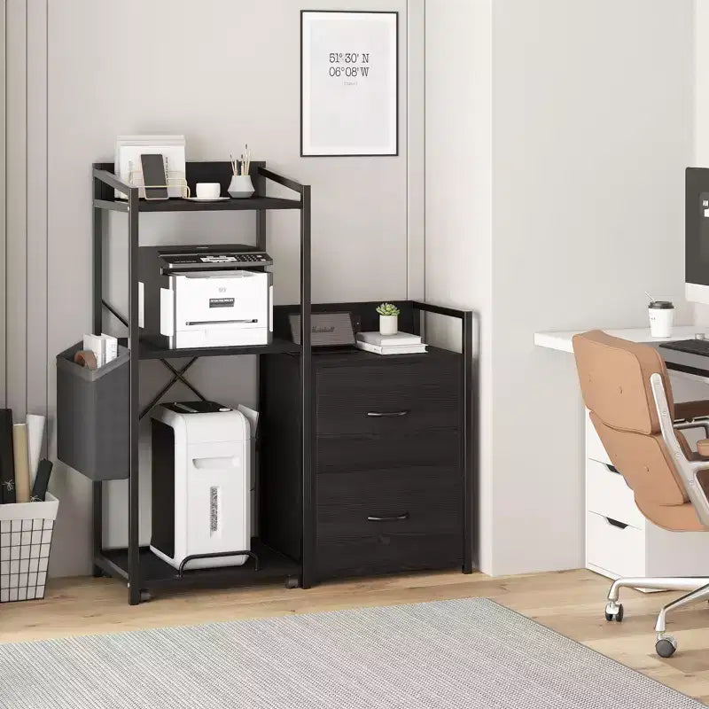 38 File Cabinet with LED Lights, Charging Station, 3-Tier Printer Cabinet with Drawers, Shelves, Industrial File Cabinet for Fax Machine, Shredder