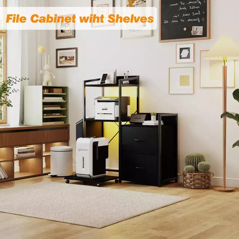 38 File Cabinet with LED Lights, Charging Station, 3-Tier Printer Cabinet with Drawers, Shelves, Industrial File Cabinet for Fax Machine, Shredder