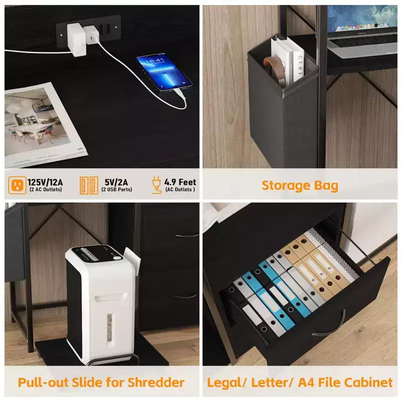 38 File Cabinet with LED Lights, Charging Station, 3-Tier Printer Cabinet with Drawers, Shelves, Industrial File Cabinet for Fax Machine, Shredder