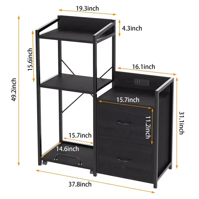 38 File Cabinet with LED Lights, Charging Station, 3-Tier Printer Cabinet with Drawers, Shelves, Industrial File Cabinet for Fax Machine, Shredder