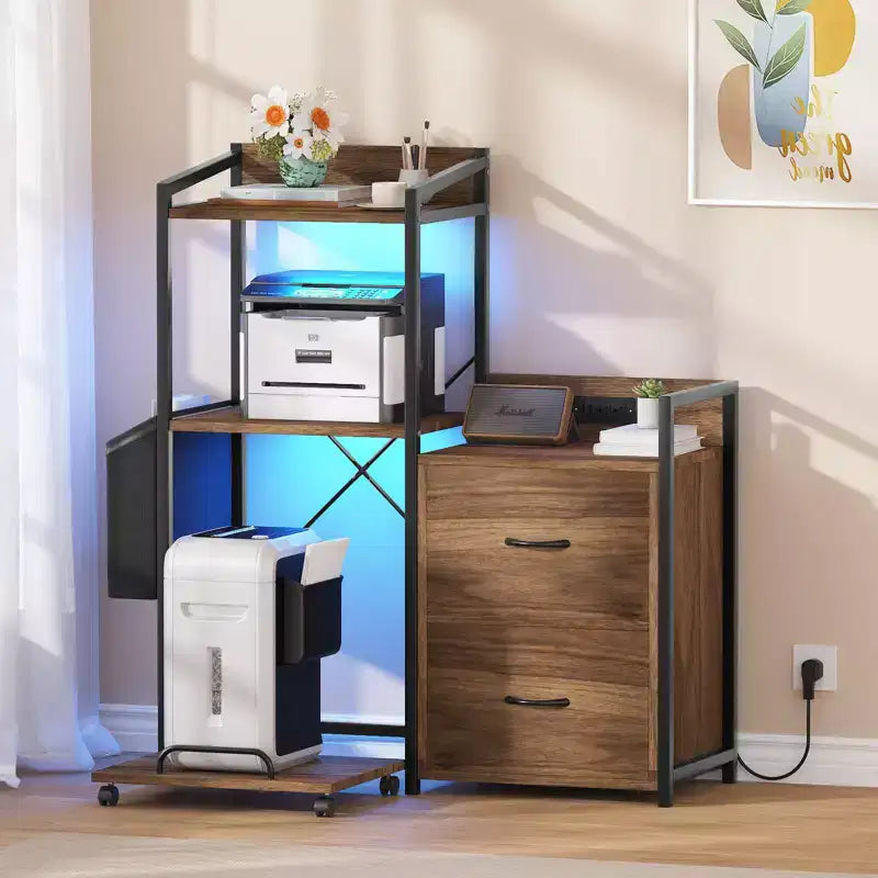 38 File Cabinet with LED Lights, Charging Station, 3-Tier Printer Cabinet with Drawers, Shelves, Industrial File Cabinet for Fax Machine, Shredder