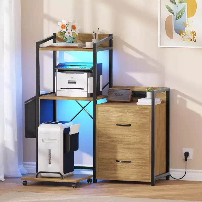 38 File Cabinet with LED Lights, Charging Station, 3-Tier Printer Cabinet with Drawers, Shelves, Industrial File Cabinet for Fax Machine, Shredder