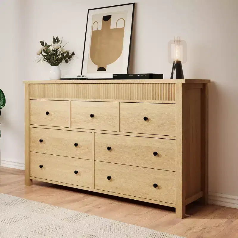 Acekool 7 Drawer Dresser, Fluted Wooden Storage Chest of Drawers Organizer for Bedroom, Living Room, Hallway, Natural Oak