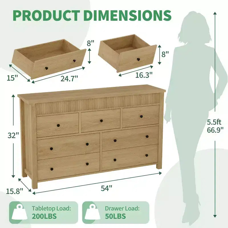 Acekool 7 Drawer Dresser, Fluted Wooden Storage Chest of Drawers Organizer for Bedroom, Living Room, Hallway, Natural Oak