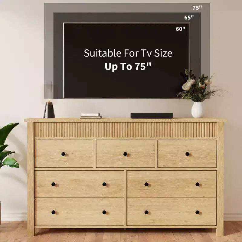Acekool 7 Drawer Dresser, Fluted Wooden Storage Chest of Drawers Organizer for Bedroom, Living Room, Hallway, Natural Oak