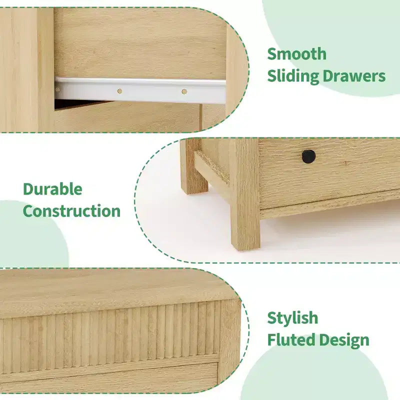 Acekool 7 Drawer Dresser, Fluted Wooden Storage Chest of Drawers Organizer for Bedroom, Living Room, Hallway, Natural Oak