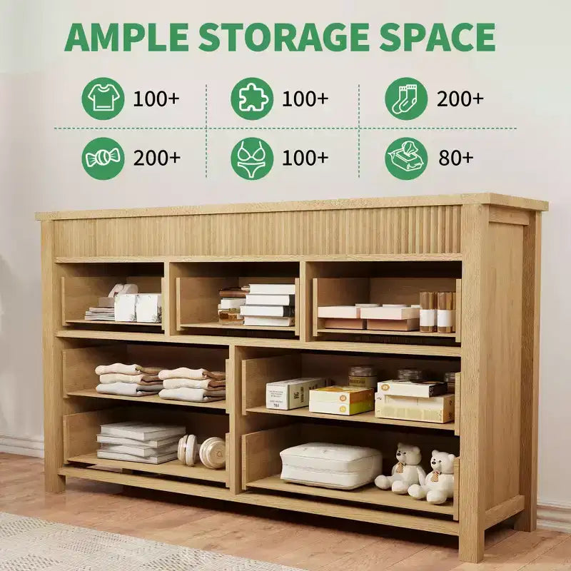 Acekool 7 Drawer Dresser, Fluted Wooden Storage Chest of Drawers Organizer for Bedroom, Living Room, Hallway, Natural Oak