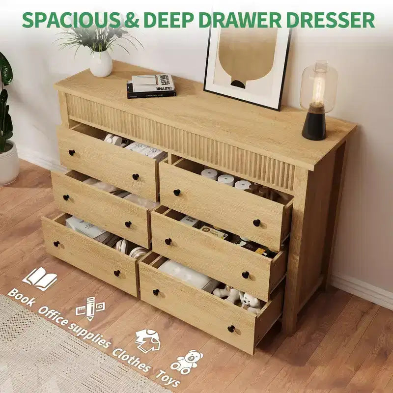 Acekool 7 Drawer Dresser, Fluted Wooden Storage Chest of Drawers Organizer for Bedroom, Living Room, Hallway, Natural Oak