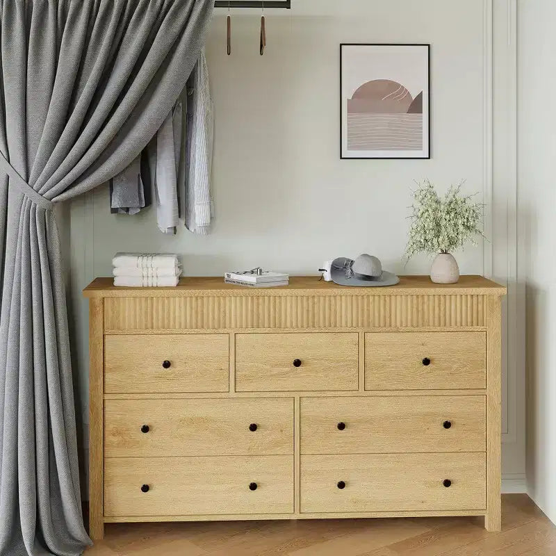 Acekool 7 Drawer Dresser, Fluted Wooden Storage Chest of Drawers Organizer for Bedroom, Living Room, Hallway, Natural Oak