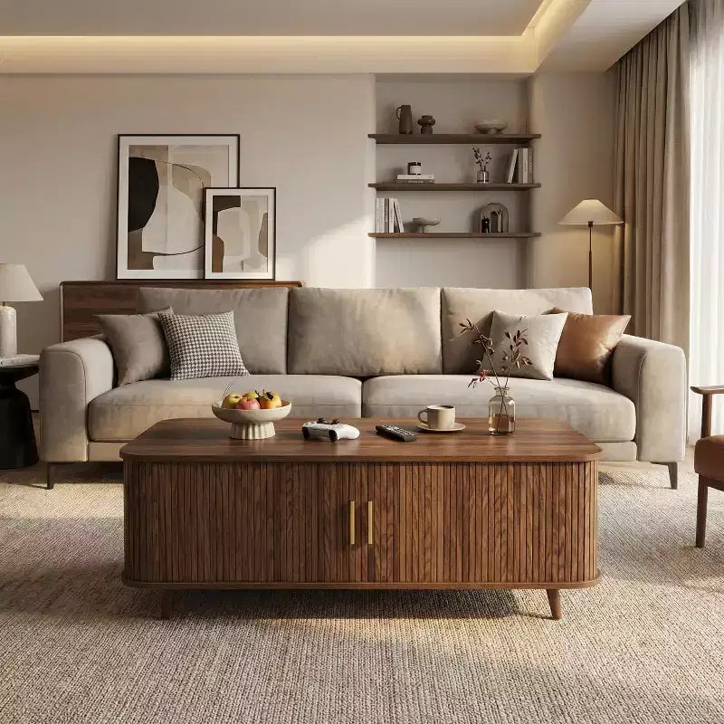 Mid-Century Modern Coffee Table with Storage, Wood Center Table with Tambour Doors & Drawer - ModernLuxe