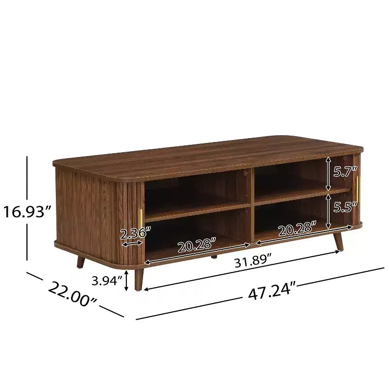 Mid-Century Modern Coffee Table with Storage, Wood Center Table with Tambour Doors & Drawer - ModernLuxe