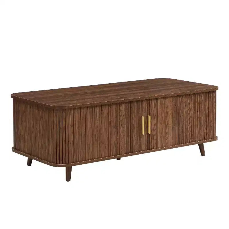 Mid-Century Modern Coffee Table with Storage, Wood Center Table with Tambour Doors & Drawer - ModernLuxe