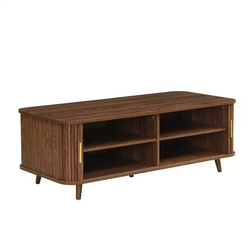 Mid-Century Modern Coffee Table with Storage, Wood Center Table with Tambour Doors & Drawer - ModernLuxe
